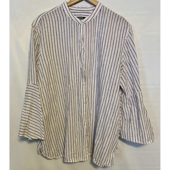 Chaps Black White Striped Linen Blend Bell Sleeve Button Up Blouse Top Plus XXL - Picture 2 of 11